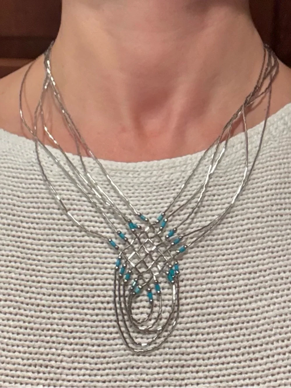 Handcrafted Navajo Liquid Silver & Turquoise Beaded Necklace and Earrings Set